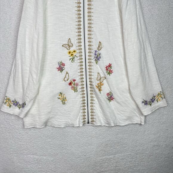 Boho Lagenlook Embroidered Jacket Hoodie Plus 2X White Cotton Floral Butterfly - Picture 4 of 16